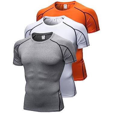 Imagem de Queerier Camiseta masculina de compressão de manga curta para treino atlético, Cinza + branco + laranja, P