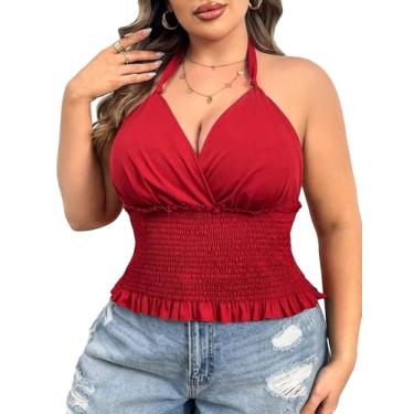 Imagem de OYOANGLE Top feminino plus size decote V profundo sem mangas amarrado nas costas franzido verão frente única, Vermelho, 4G Plus Size
