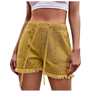 Imagem de Shorts feminino verão outono jeans franja franzido western shorts jeans feminino 2024, Y-320 amarelo mostarda, P