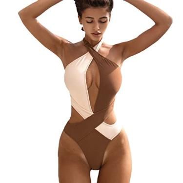 Imagem de Maiô feminino plus size, monoquíni, roupa de banho com controle de barriga, corte alto, sexy, biquíni de praia , Café, P