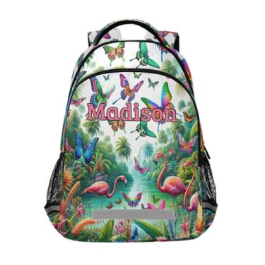 Imagem de CHIFIGNO Mochila infantil personalizada para meninas e meninos, mochila escolar personalizada com nome mochila de viagem personalizada para mulheres e homens, Butterflies Dragonflies Tropical