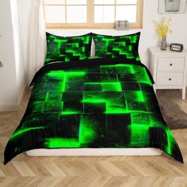 Imagem de Jogo de cama de búfalo brilhante 3D verde preto Queen Size arte abstrata moderna conjuntos de cama queen geométrico xadrez, capa de cama com cubos futuristas gradiente (preto reversível)