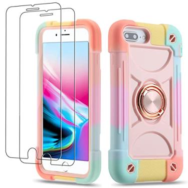 Imagem de Cookiver Capa para iPhone 8 Plus/iPhone 7 Plus, capa para iPhone 6 Plus/6S Plus de 5,5 polegadas com suporte de anel, com 2 unidades de película de vidro resistente capa de telefone (rosa arco-íris)