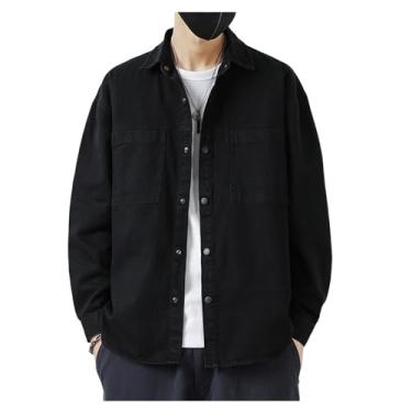 Imagem de Camisa jeans masculina, manga comprida, gola aberta, cor lisa, botões frontais, bainha reta, Preto, 4G
