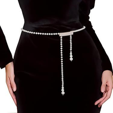 Imagem de Wriidy Cinto de pérola branco feminino Wasit corrente ajustável plus size cintos acessórios para o corpo para vestido, Branco, 45 inches
