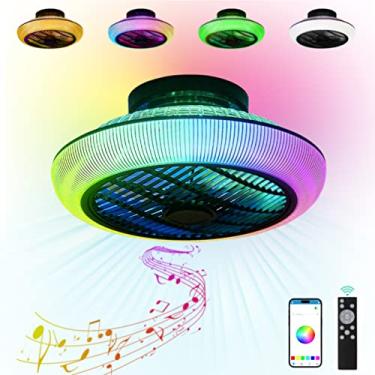 Imagem de Ventilador de teto LED regulável com luzes RGB Luz de teto silenciosa com mudança de cor com ventiladores e alto-falante Bluetooth Controle remoto Ventilador de teto com lâmpadas Lâmina ocul
