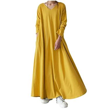 Imagem de Vestidos femininos de manga comprida folgados vestidos grandes para mulheres com gola V muçulmano maxi vestidos longos de verão outono 2024, Z-243 Amarelo Mostarda, P