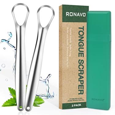 Imagem de RONAVO Raspador de língua para crianças e adultos, limpador de língua para boca pequena, combate o mau hálito, raspador de língua de metal para rotina de higiene oral, com estojo prático para