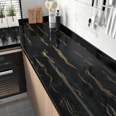 Imagem de Wallercity Papel de parede de mármore preto/dourado, papel de contato de mármore brilhante para bancadas, descasque e cole papéis de parede modernos para armários, forro de prateleira, vinil,