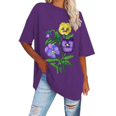 Imagem de PKDong Camiseta feminina de conscientização de Alzheimers, gola V, manga curta, roxa, estampa floral, camiseta feminina para o verão, Z07 Amarelo, GG