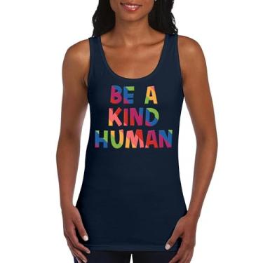 Imagem de Camiseta regata feminina Be a Kind Human Puff Print Mensagem positiva citação inspiradora motivação diversidade encorajadora, Azul marinho, P