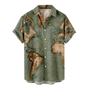 Imagem de Camisetas masculinas havaianas tropicais estampadas camiseta masculina manga curta gola tartaruga praia outono verão 2024, B-499 Verde limão militar, G