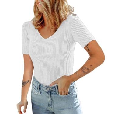 Imagem de Nagub Top feminino de verão de malha canelada manga curta básico decote V espartilho slim fit camiseta Y2k roupas para sair, Branco, M