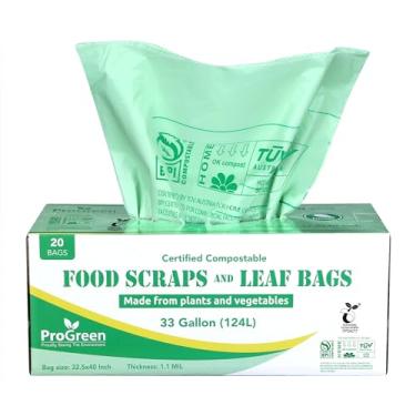 Imagem de Sacos ProGreen 100% compostáveis de 85 litros, extragrossos de 1,1 mm, 20 unidades, sacos de lixo extra grandes de gramado e folha, certificados ASTM D6400 BPI e VINCOTTE