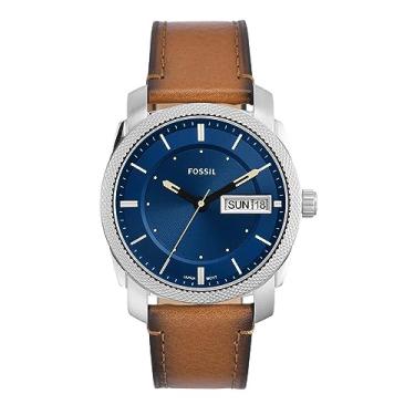 Imagem de Fossil Relógio masculino Machine com pulseira de aço inoxidável ou couro, cronógrafo ou mostrador analógico, prata/azul/marrom, One Size, Máquina