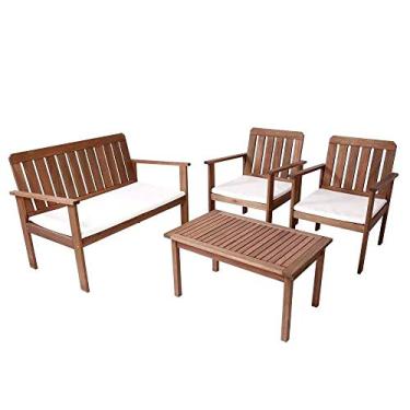 Imagem de Conjunto Sofá Namoradeira com Poltronas e Mesa de Apoio Em Madeira (Madeira/Duna Cru)