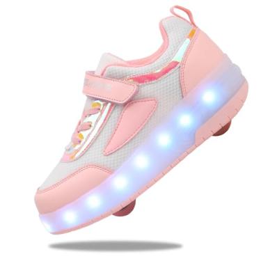 Imagem de Yogeeft Tênis infantil com rodas – Tênis de patins 4 em 1 com luz recarregável por USB para presentes de festa de Halloween na escola, Jv-rosa, 16