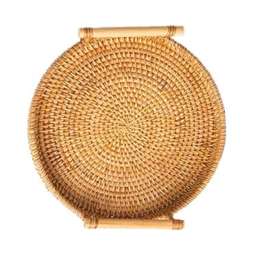 Imagem de Bandeja de Servir de Vime Redonda Tecida à Mão, Cesta de Bandeja de Vime Redonda Com Alças, Armazenamento de Bandeja Durável para Sala de Estar, Quarto, Cozinha, Perfeita
