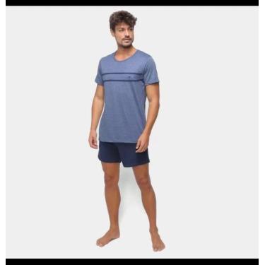 Imagem de Pijama Curto Hering Mescla Listras Azul Masculino Tamanho P - HERING T