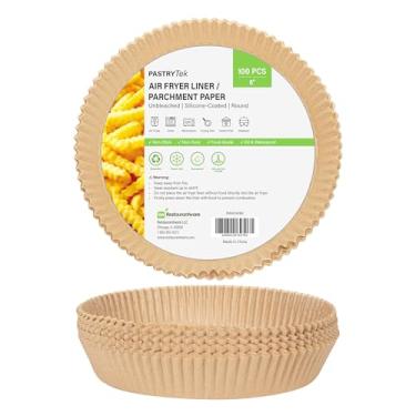 Imagem de Restaurantware - Forros para fritadeira a ar Pastry Tek 20 x 20 x 4 cm, 100 cestas redondas para fritadeira a ar – Revestimento de silicone antiaderente, não branqueado, fornos de papel de grau