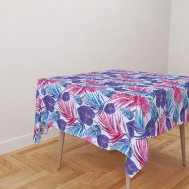 Imagem de Toalha De Mesa Quadrada 4 Lugares Tecido Oxford Tropical Folhas Rosas 