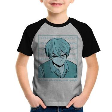 Imagem de Camiseta Raglan Infantil Fall Down Seven Times, Stand Up Eight - Foca 