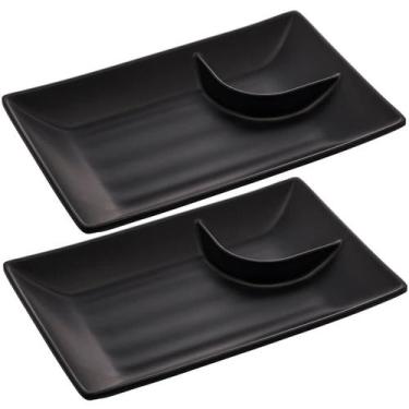 Imagem de Kit 2 Pratos para Sushi com Molheira Melamina Pretos 19x12,5cm Lyor Tó