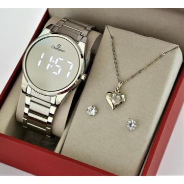 Imagem de Relogio champion digital prateado espelhado ch40124s + kit semi joia