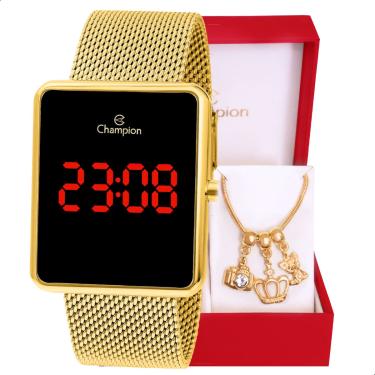Imagem de Relógio Feminino Champion Digital Quadrado Dourado CH40083V + Pulseira Berloques