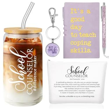 Imagem de Sunnychic 5 peças presentes de agradecimento ao conselheiro escolar incluem copos de vidro de 473 ml, bolsa de maquiagem, caneta esferográfica de couro, chaveiro Best Counselor Ever presente de