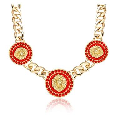 Imagem de Colar Hip Hop Basketball Wives com cabeça de leão feminino corrente grossa pingente punk fantasia bijuteria coquetel, Banhado a ouro, Sem Pedra Preciosa