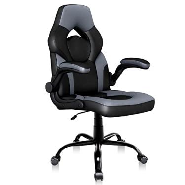 Imagem de Cadeira de escritório para jogos com apoios de braço flip-up, cadeira ergonômica para jogos de computador, cadeira de mesa giratória de couro colado, altura ajustável, apoios de braços estofados