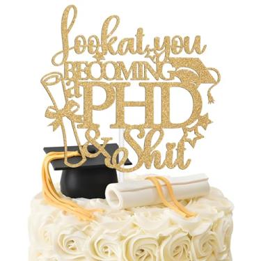 Imagem de Look at You Becoming A PHD Cake Topper, Congrats Doctor Grad/PHinally Done Cake Decor, Class of 2025 Philosophy Major Graduation Party Decorations Supplies Gold Glitter