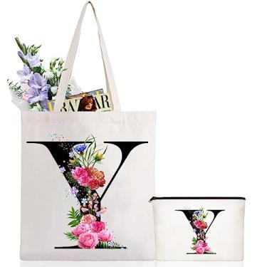 Imagem de Andeiltech Sacola de lona com inicial, estampa floral, bolsa de maquiagem personalizada com monograma, presente para damas de honra, aniversário e casamento, Letra Floral_y, Large