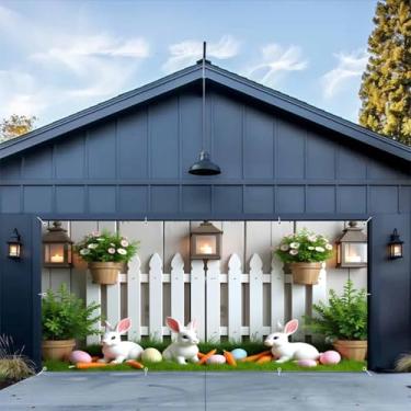 Imagem de Capa de porta de garagem de primavera Páscoa 2,1 x 4,9 m, 2 portas de garagem de carro, decorações de Páscoa com cerca de coelho, grama, grande faixa de porta de garagem de Páscoa para decoração de