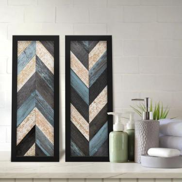 Imagem de Kit 2 Quadros Decorativos Lavabo Madeira Chevron Preto Azul Ripas - De