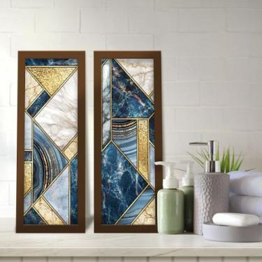 Imagem de Kit 2 Quadros Decorativos Lavabo Abstrato Mármore Azul Dourado - Deliq