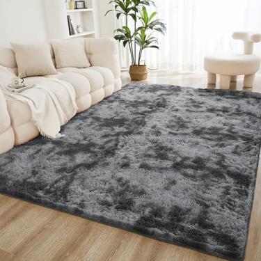 Imagem de Litanika Tapete felpudo de 15 x 23 cm para sala de estar e quarto, cinza escuro tingido com pelo macio, macio, felpudo, cabeceira, sala de jogos, dormitório, antiderrapante, moderno para ambientes