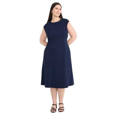 Imagem de Maggy London Vestido feminino evasê midi com bolsos, manga cavada, gola alta, para convidada de casamento, Blazer azul-marinho, 58