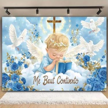 Imagem de Fundo de flor azul fofo anjo Deus abençoe para menino, decoração de festa cruzada, Deus abençoe, batismo, aniversário, fundo Mi Primera Comunion Party (2,1 x 1,5 m)