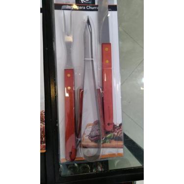 Imagem de Kit Churrasco 3 Pcs cabo de madeira faca garfo + pegador presente - ke