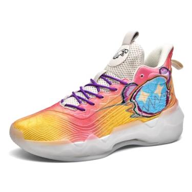 Imagem de Jefuzh Tênis de basquete feminino, com pintura colorida, casual, moderno, cano alto, cadarço, tênis de corrida para esportes ao ar livre, Amarelo-rosa, 8.5