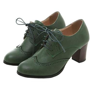 Imagem de SHEMEE Sapatos femininos de salto alto grosso com bico arredondado Oxfords bico arredondado com cadarço e salto bloco empilhado Vintage Brogues, Verde, 9.5