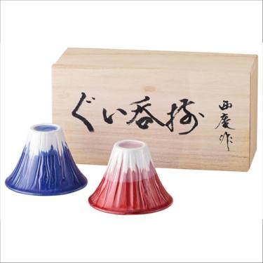 Imagem de Waraku Fuuka Copo de saquê japonês Monte Fuji Design Vinho Soju Porcelana Presentes Ochoko (Azul Vermelho, 2 Ochiko)