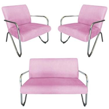 Imagem de Kit Namoradeira + 2 Poltronas Decorativa Bela Suede Rosa Bebê Braço Cr