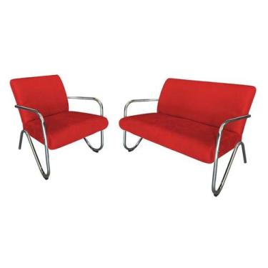 Imagem de Kit Namoradeira + Poltrona Decorativa Bela Suede Vermelho Braço Cromad