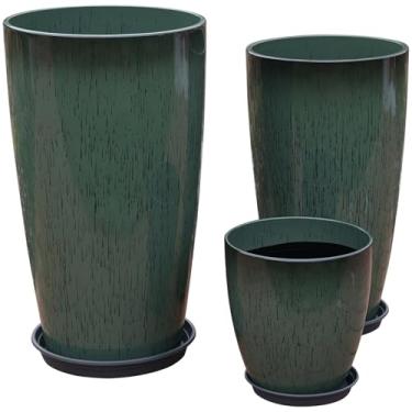 Imagem de MinCHI257 Grandes vasos de plástico decorativos altos, design gradiente azul ombré, conjunto de 3, vasos modernos internos e externos (verde escuro)