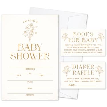 Imagem de mermermu Conjunto de convites de chá de bebê para meninas e meninos, 25 conjuntos de convites com envelopes sorteio de fraldas e cartões de pedido de livro para anúncio de bebê, lembrancinha de festa