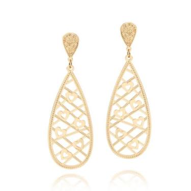Imagem de Brinco Rommanel Gota Vazada Com Coração Banhado A Ouro 18K Feminino Lu