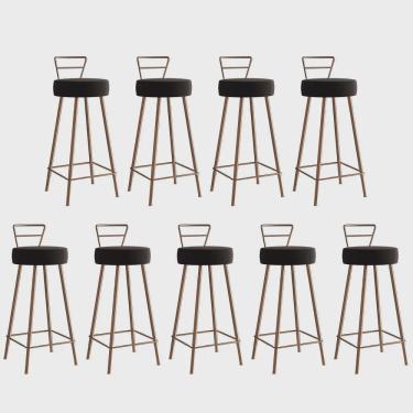 Imagem de Kit 09 Banqueta Alta Com Encosto Tina Eiffel Cozinha Bar Bistrô Ferro Bronze Suede Marrom - Ahz Móveis